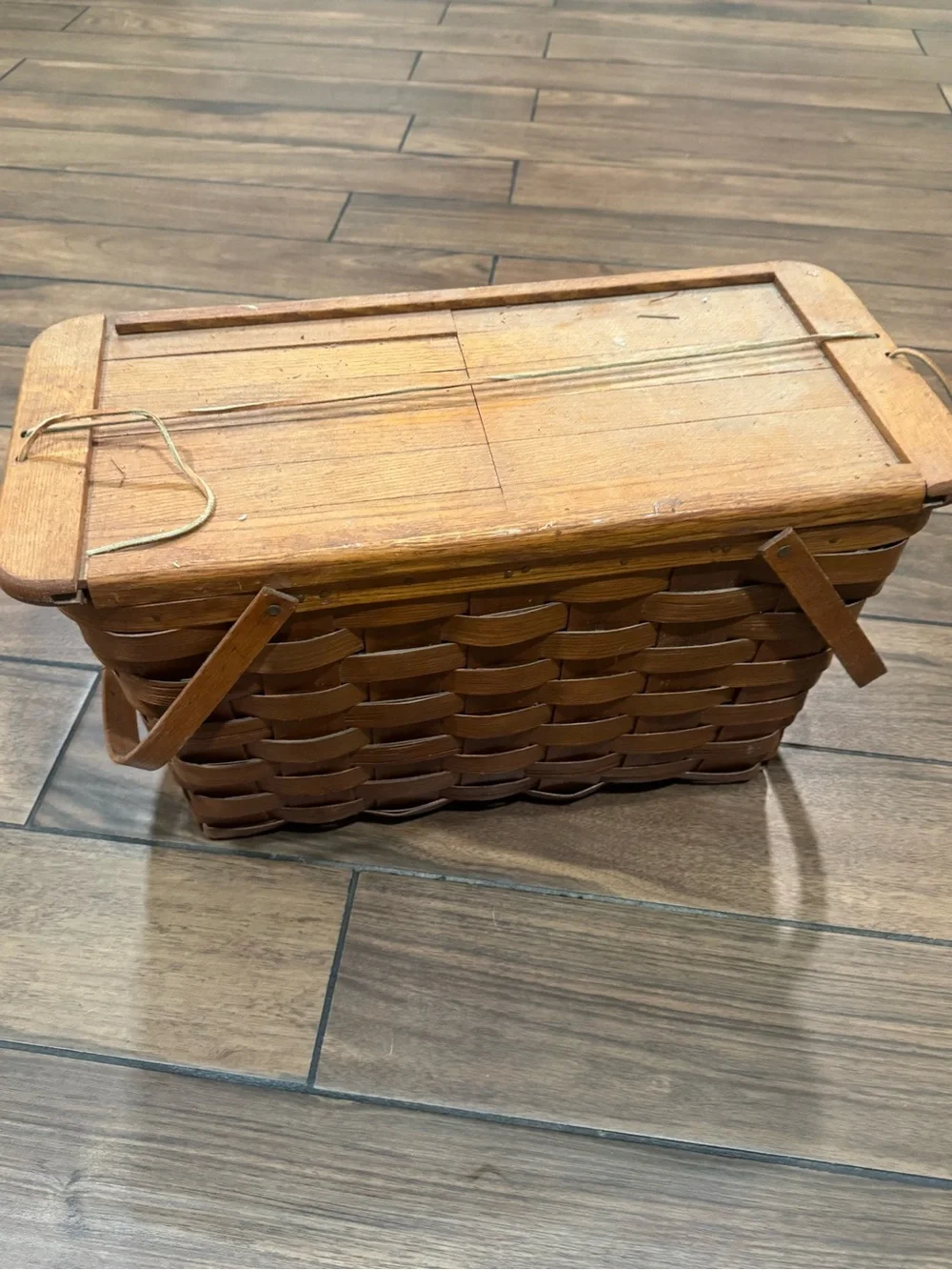 Mid Century Basketville woven oak Picnic Basket With Sliding Lid Doors brown
